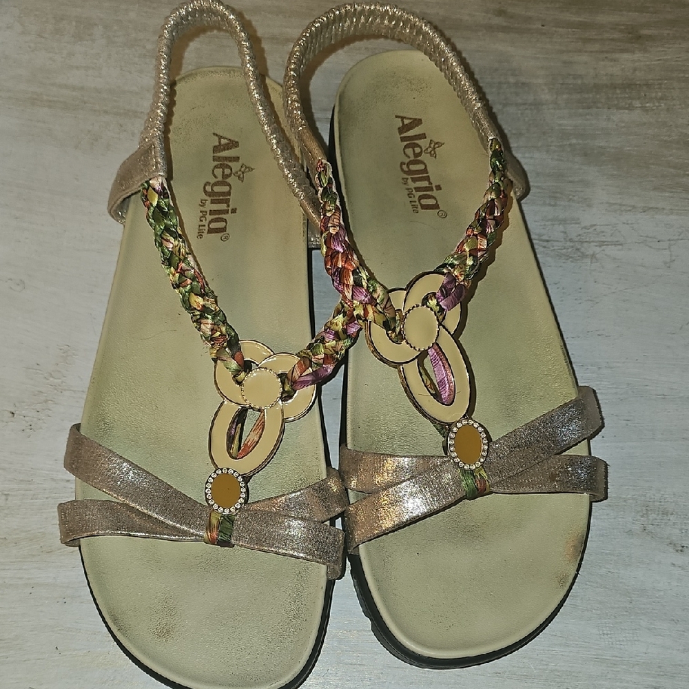 Alegria Metallic Gold Braided T-Strap Sandals w Yellow Accents Size 42 11-11.5